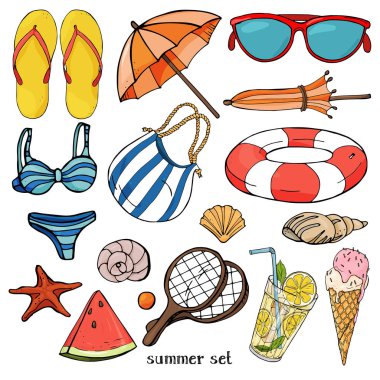 Yaz plaj tatil ve yaz yemek tema ayarlamak. Renkli plaj öğeleri kroki tarzı.