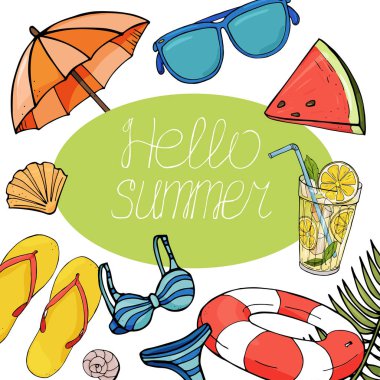 Renkli plaj öğeleri eskiz tarzı. Merhaba yaz vektör banner tasarımı.