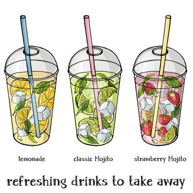 -Alkolsüz yaz kümesi götürmek için plastik bir kap içinde içer. Limonata, çilek ve klasik Mojito.