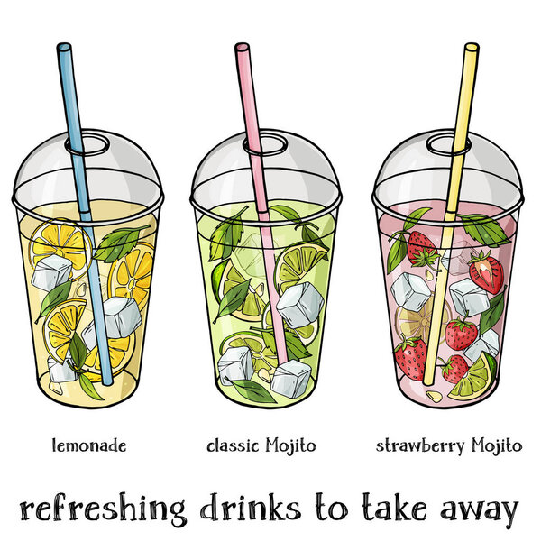 Set of non-alcoholic summer drinks in a plastic Cup to take away. Lemonade, strawberry and classic Mojito.
