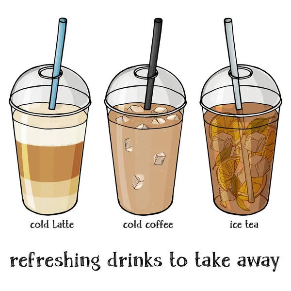 Set zachte zomer drinkt in een plastic beker weg te nemen. Iced Latte, iced koffie en thee. — Stockvector