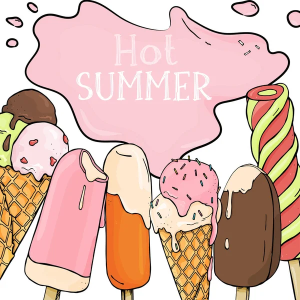 Жаркое лето. Мороженое разных сортов. Мороженое тает в летнюю жару. Яркая стильная планировка на белом фоне . — стоковый вектор