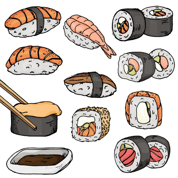 Set with different types of sushi and rolls, famous Japanese dishes on a white background. Illustration in sketch style. — Stock Vector