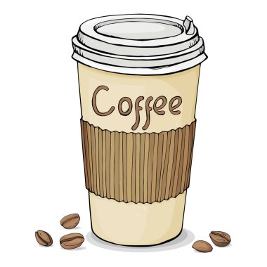 Kağıt bardak sıcak kahve almak uzakta ve kahve çekirdekleri ile kapaklı. Beyaz arka plan üzerinde vektör çizim.