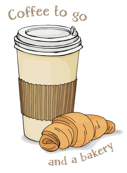 Copo de papel com uma tampa com café quente para levar e um croissant fresco. Ilustração vetorial sobre fundo branco . — Vetor de Stock
