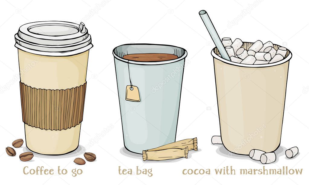 Set with hot drinks in paper cups to take away. Coffee, tea bags and cocoa with marshmallow.