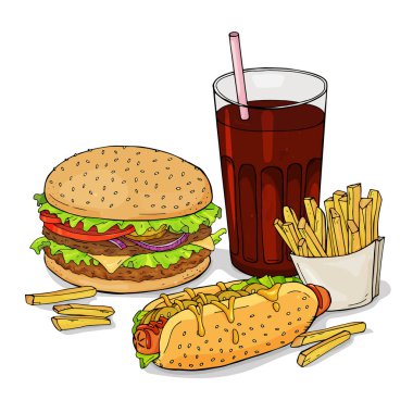 Çizilmiş lokanta kümesi. Hamburger, sosisli, patates kızartması. Vektör çizim kroki tarzı.