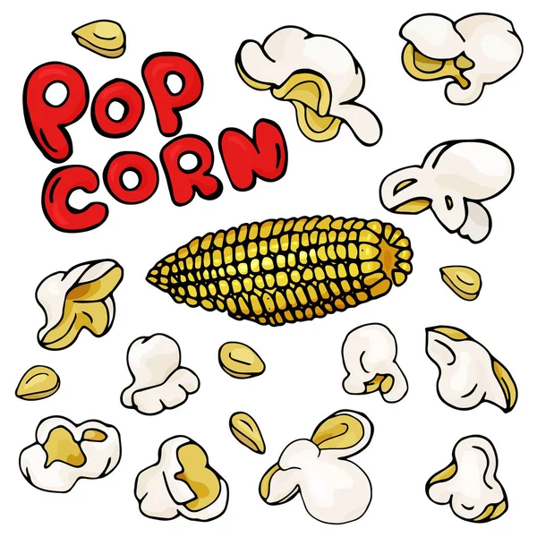 Popcorn en maïs op de kolf. Kleurrijke vectorillustratie op witte achtergrond in schets stijl. — Stockvector