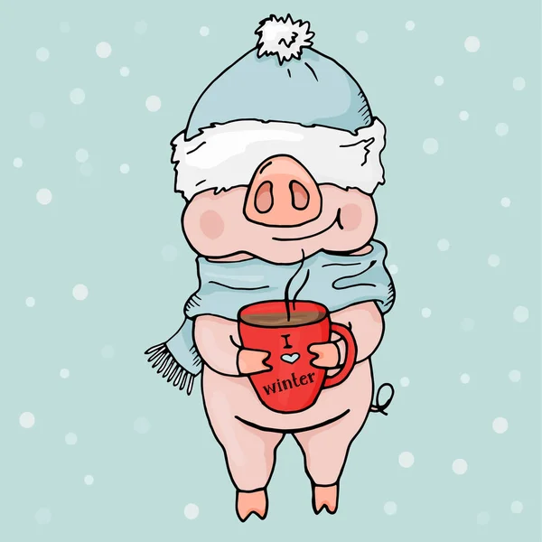 Новый 2019 год. Китайский год свиньи. Открытка со смешной свиньей в шляпе и шарфом с чашкой кофе . — стоковый вектор