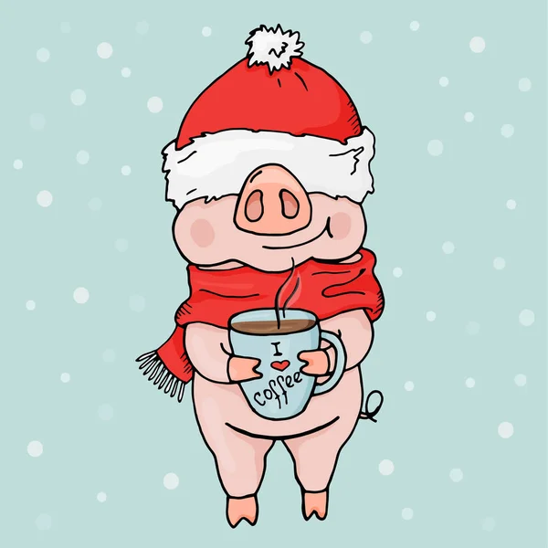 Nieuwe 2019. Chinees jaar van het varken. Een briefkaart met een grappige kat in Santas muts en een sjaal met een kopje koffie. — Stockvector