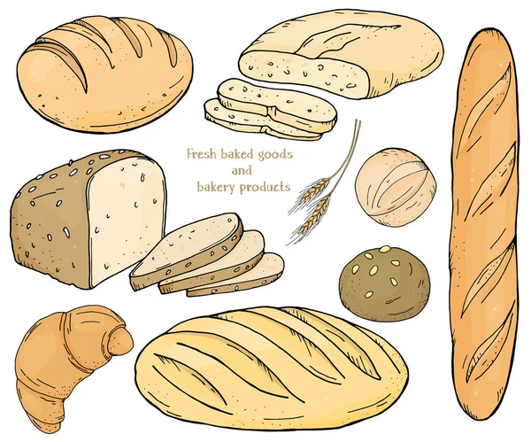 흰색 바탕에 빵집 제품으로 설정 합니다. 버 게 트 빵, 빵, 호 밀 빵, ciabatta, 받아 라. — 스톡 벡터