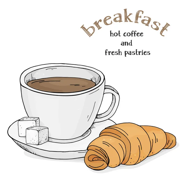 Heißer Kaffee in einer Tasse mit frischem Croissant zum Frühstück. bunte Vektor-Illustration auf weißem Hintergrund. — Stockvektor