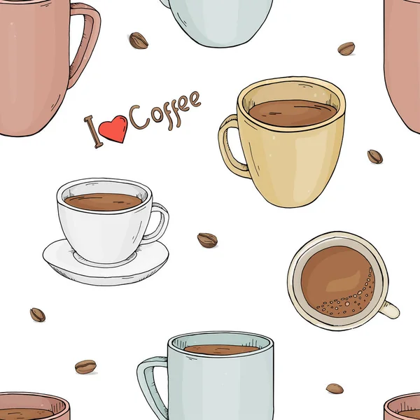 Wzór z kubki o różnych rozmiarach i kształtach oraz z ziaren kawy. Ilustracja wektorowa w styl szkic. — Wektor stockowy
