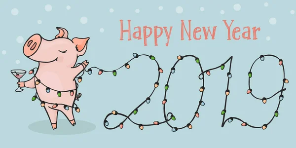 Nuovo 2019, cartolina orizzontale. Anno cinese del maiale. Cartolina con divertente maiale e luci di Natale . — Vettoriale Stock