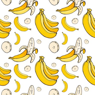 Muz ile Seamless modeli. Olgun muz tüm parlak ve parçalar. Renkli vektör çizim kroki tarzı.