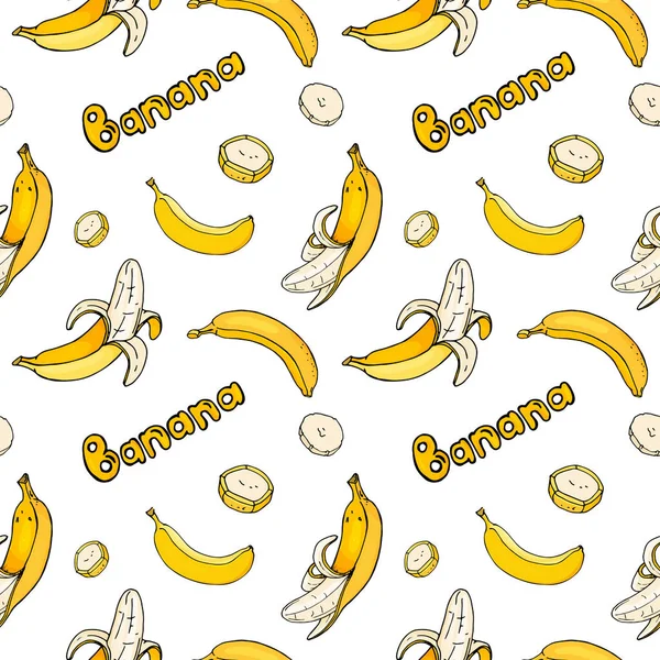 Modello senza cuciture con banane. Banane mature lucenti intere e a pezzi. Illustrazione vettoriale colorata in stile schizzo . — Vettoriale Stock