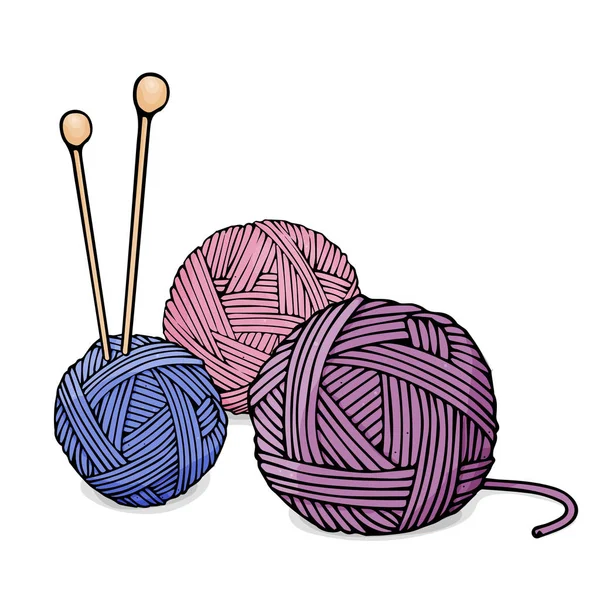 针织和针织针用不同颜色的羊毛球 素描风格中的彩色矢量插图 — 图库矢量图片