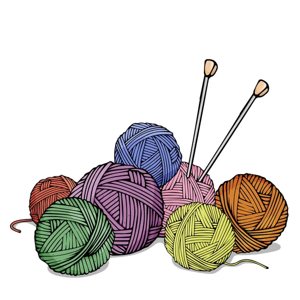 Tangles of different colors of wool for knitting and knitting needles. Colorful vector illustration in sketch style. — Stock Vector