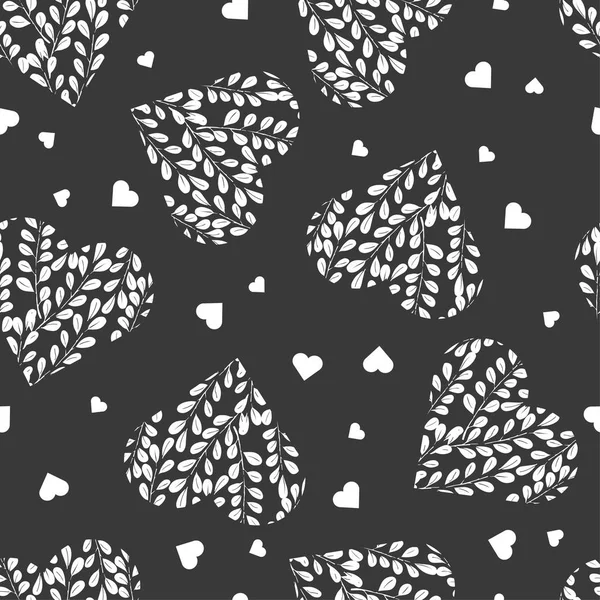 Seamless pattern with white hearts on dark background. Branches with leaves in the heart. — Stock Vector