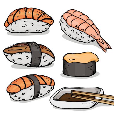 Suşi ve rulo, beyaz bir arka plan üzerinde ünlü Japon yemekleri farklı tipleri ile ayarlayın. İllüstrasyon kroki tarzı.
