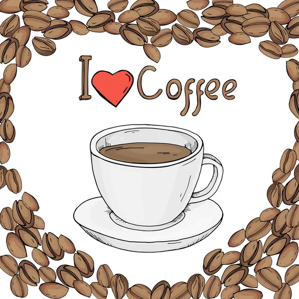 Modèle avec grains de café en forme de coeur et une tasse de café. Maquette . — Image vectorielle