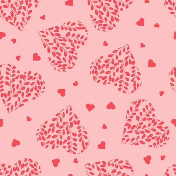 Patrón sin costuras con corazones rosados. Ramas con hojas en el corazón. San Valentín . — Archivo Imágenes Vectoriales