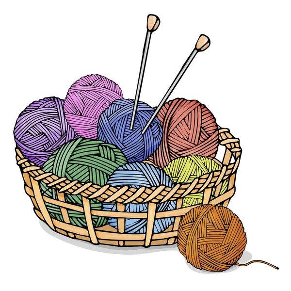 Μπερδέματα διαφορετικά χρώματα με νήματα για πλέξιμο στο ένα ψάθινο καλάθι. Πολύχρωμο διάνυσμα απεικόνιση σε στυλ σκίτσο. — Διανυσματικό Αρχείο