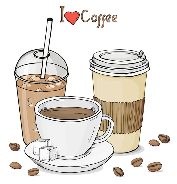 Set con diferentes tazas de café. Ilustración vectorial en estilo de boceto . — Vector de stock