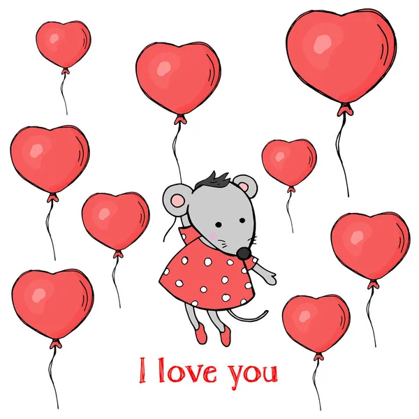 Χαριτωμένο καρτ ποστάλ με ένα ποντίκι και μπαλόνια σε σχήμα καρδιάς. Το ποντίκι που φέρουν σε ένα μπαλόνι. Εικονογράφηση πολύχρωμο διάνυσμα με σκίτσο στυλ. Ημέρα του Αγίου Βαλεντίνου. — Διανυσματικό Αρχείο