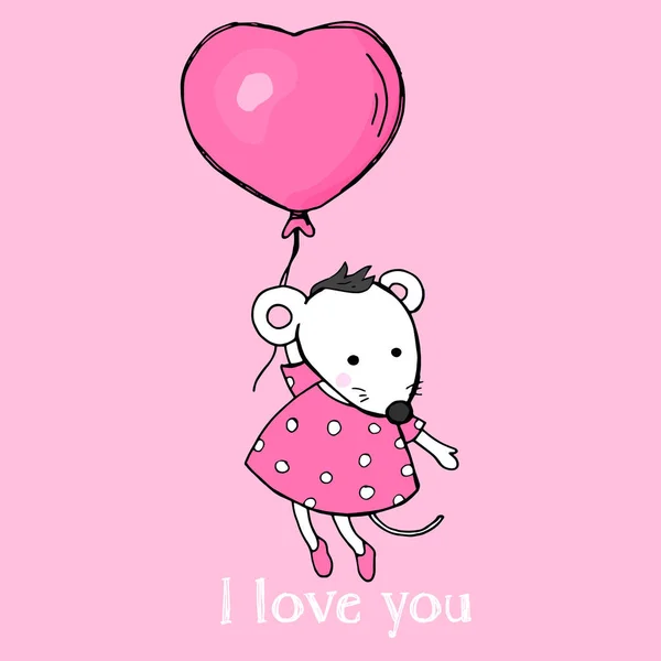 Χαριτωμένο καρτ ποστάλ με το ποντίκι με ένα μπαλόνι σε σχήμα καρδιάς. Το ποντίκι που φέρουν σε ένα μπαλόνι. Εικονογράφηση διάνυσμα με σκίτσο στυλ. Ημέρα του Αγίου Βαλεντίνου. — Διανυσματικό Αρχείο