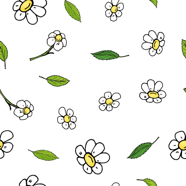 Nahtloses Blumenmuster mit Kamillenblüten und -blättern. Vektor-Illustration auf weißem Hintergrund im Skizzenstil. — Stockvektor