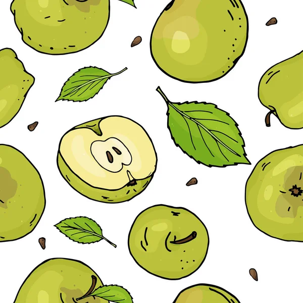 Χωρίς ραφή πρότυπο με πράσινα μήλα και τα φύλλα. Τα μήλα ολόκληρα και κομμάτια σε άσπρο φόντο. Πολύχρωμο διάνυσμα απεικόνιση σε στυλ σκίτσο. — Διανυσματικό Αρχείο