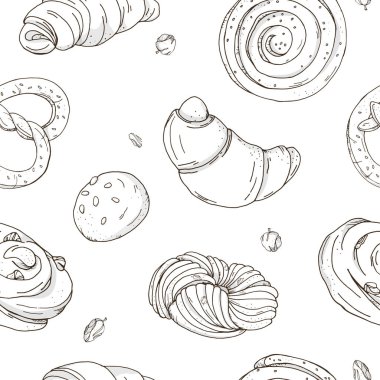 Lezzetli tatlı hamur işleri ile desen. Şık, siyah-beyaz, kruvasan, beyaz bir arka plan üzerinde simit alır. Vektör çizim kroki tarzı.