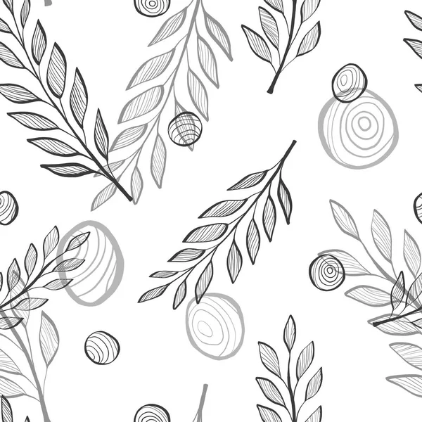 Patrón sin costuras con ramas de hojas y círculos en el estilo del boceto. Ilustración monocromática. Doodle. . — Vector de stock