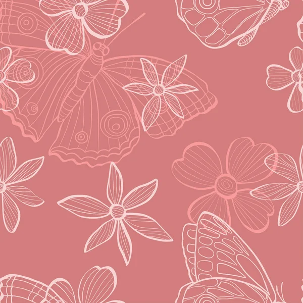 Padrão com flores e borboletas em estilo esboço. Ilustração monocromática sobre fundo rosa. Doodle... . —  Vetores de Stock