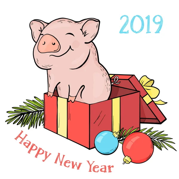 Новый 2019 год. Китайский год свиньи. Открытка со смешной свиньей в подарочной коробке и рождественскими яйцами. Красочная векторная иллюстрация в стиле эскиза . — стоковый вектор
