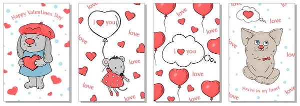 Collection of cards on the theme of Valentines day. Vector illustration in sketch style. Hearts, cute animals, balloons. — Stock Vector