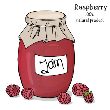 Ahududu reçeli ve taze olgun ahududu kavanoz. Renkli vektör çizim kroki tarzı.