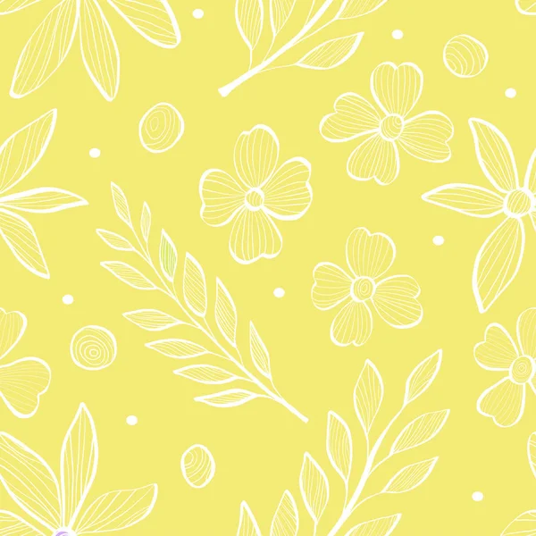 Patrón sin costuras con ramas de hojas y flores en el estilo del boceto. Ilustración vectorial sobre fondo amarillo. Doodle. Monocromo . — Vector de stock