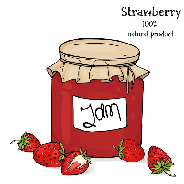 Βάζο μαρμελάδα φράουλα και φρέσκιες ώριμες φράουλες σε λευκό φόντο. Εικονογράφηση διάνυσμα σε στυλ σκίτσο. — Διανυσματικό Αρχείο