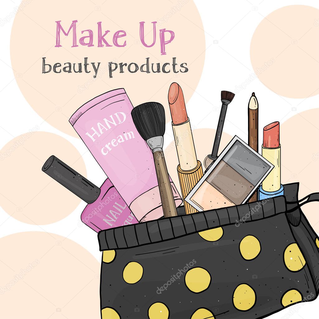 Set with womens cosmetics in a cosmetic bag . Decorative cosmetics for face and nails. Vector illustration in sketch style.