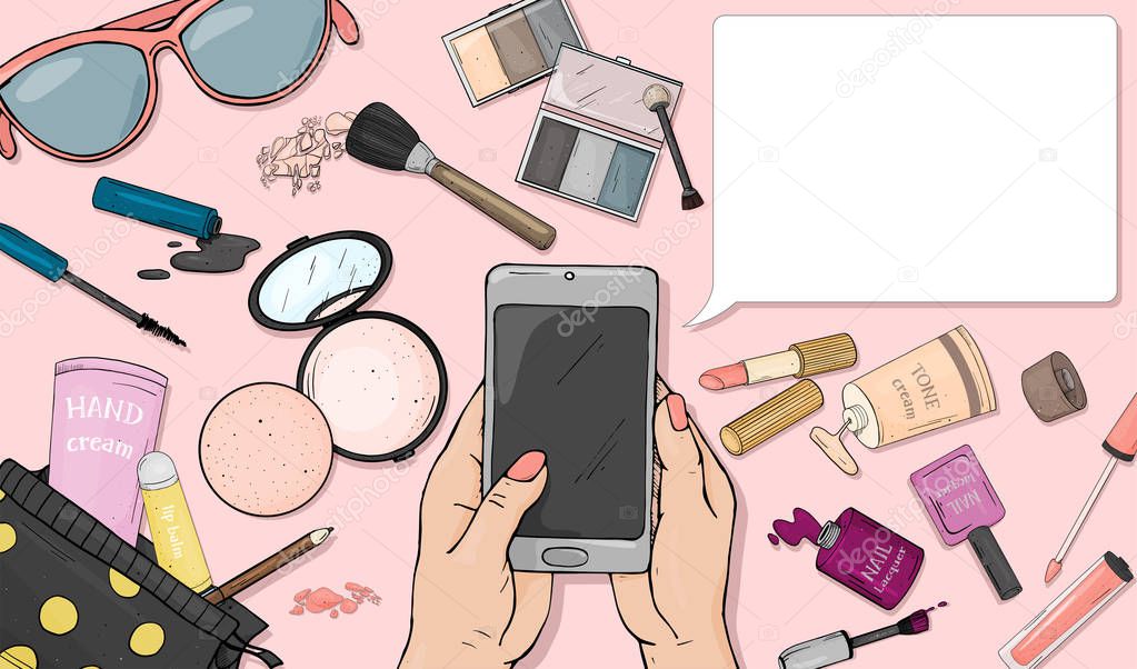 Hand with a smartphone and colorful items of womens cosmetics in the style of the sketch. Decorative cosmetics for face and nails. For beauty, fashion magazine, print media, web apps. Mock up