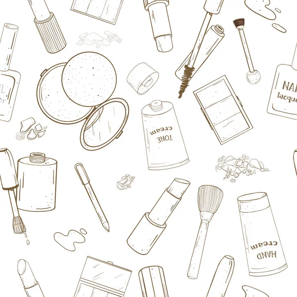 Patrón sin costuras con cosméticos femeninos. Cosmética decorativa para cara y uñas. Ilustración vectorial monocromática. Para belleza, revista de moda, medios impresos, aplicaciones web, aplicaciones móviles . — Vector de stock