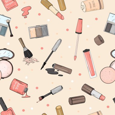 Kadın kozmetik ile Seamless modeli. Yüz ve tırnak için dekoratif kozmetiği. Renkli vektör çizim. Güzellik, moda dergisi, baskı medya, web uygulamaları, mobil uygulamalar.