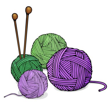 Yün örgü ve örgü iğneleri için farklı renkteki düğüm. Renkli vektör çizim kroki tarzı.