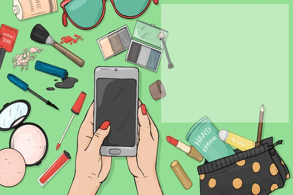 Main avec un smartphone et des articles colorés de cosmétiques pour femmes dans le style du croquis. Cosmétiques décoratifs pour visage et ongles. Pour la beauté, magazine de mode, presse écrite, applications web. Maquette — Image vectorielle