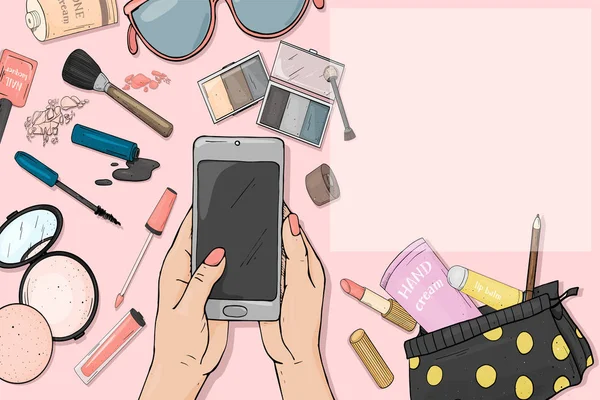 スマート フォンやスケッチのスタイルで女性化粧品のカラフルなアイテムで手。顔と爪のための装飾品。美容、ファッション雑誌、印刷メディア、web アプリ。モックアップします。 — ストックベクタ
