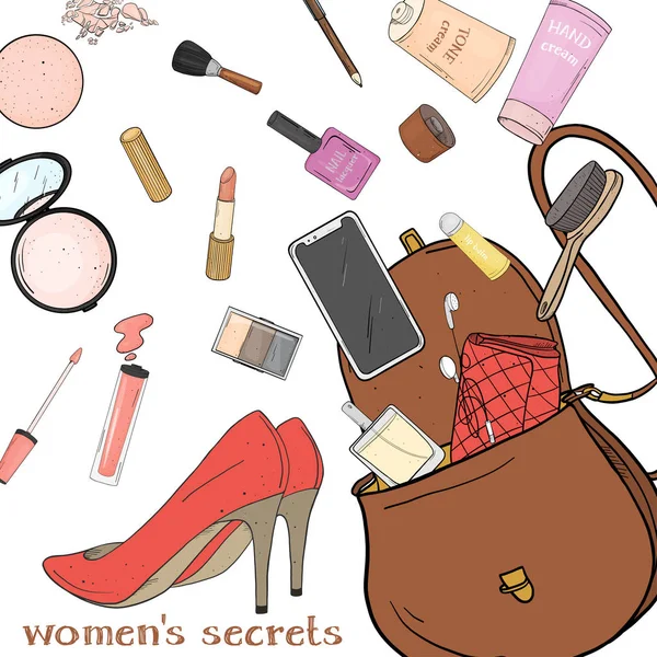 Bolso para mujer con cosméticos, zapatos y smartphone. Los efectos personales cayeron de la bolsa. Ilustración vectorial en estilo de boceto. Para publicaciones de moda, belleza y aplicaciones móviles . — Vector de stock