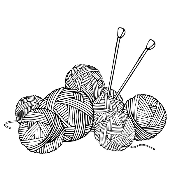 Monochrome Illustration mit Wollknäueln zum Stricken und Stricken von Nadeln. Vektorillustration im Skizzenstil. schwarz-weiß. — Stockvektor