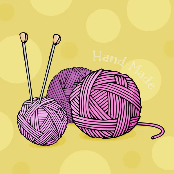 Pulseras de diferentes colores de lana para tejer y tejer agujas sobre fondo amarillo. Ilustración vectorial colorida en estilo de boceto . — Vector de stock